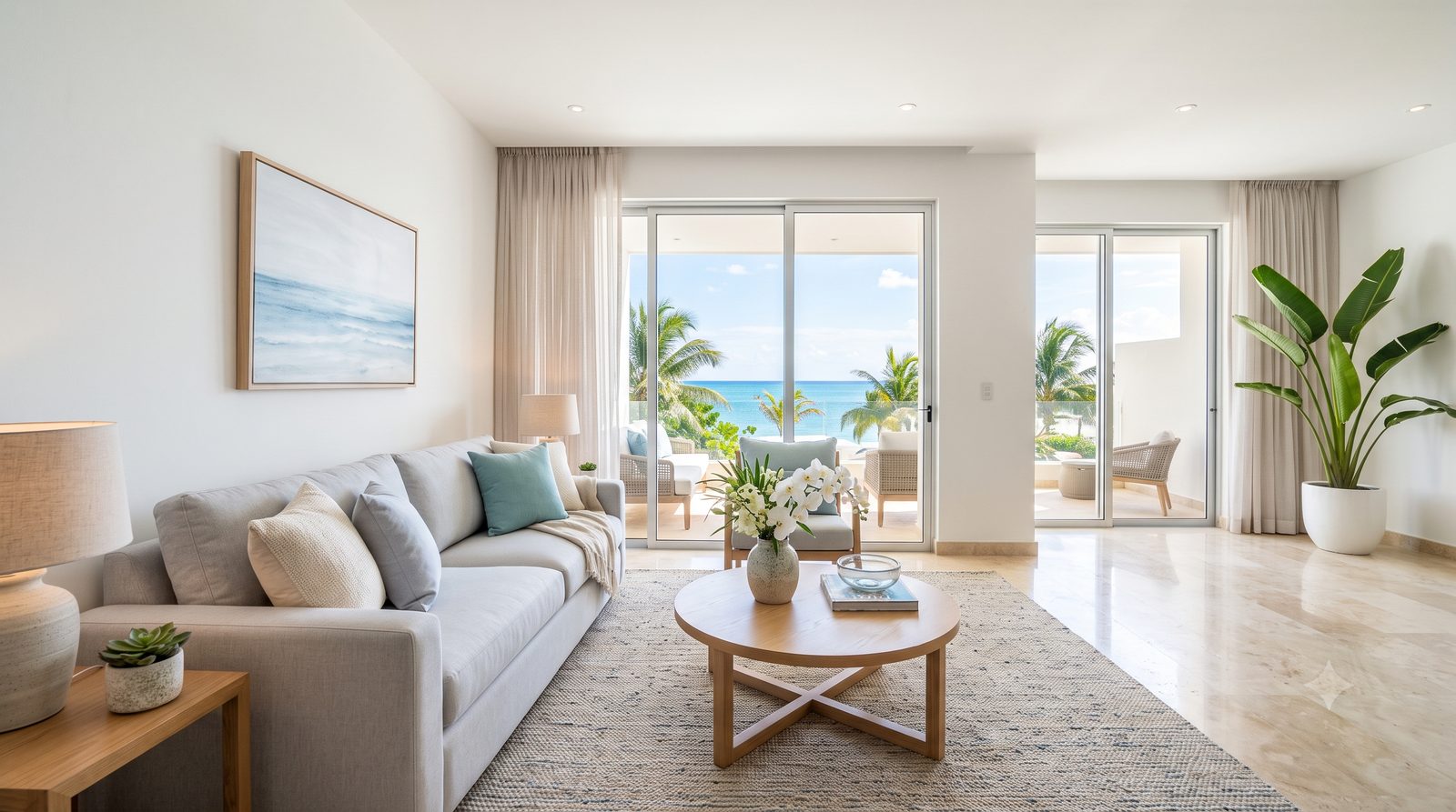 Sala luminosa y recién limpiada en un hogar de la Riviera Maya